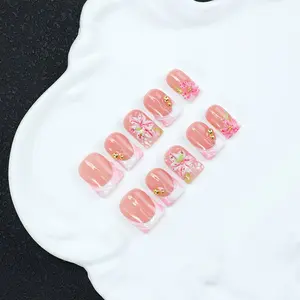 10 handmade Y2K style nail tips, reusable, 3D, embossed, carved, pink and nude colors, with French nail tip elements, suitable for parties, daily wear, shiny nail presses, Nail Art Products, including set, Handmade Nails