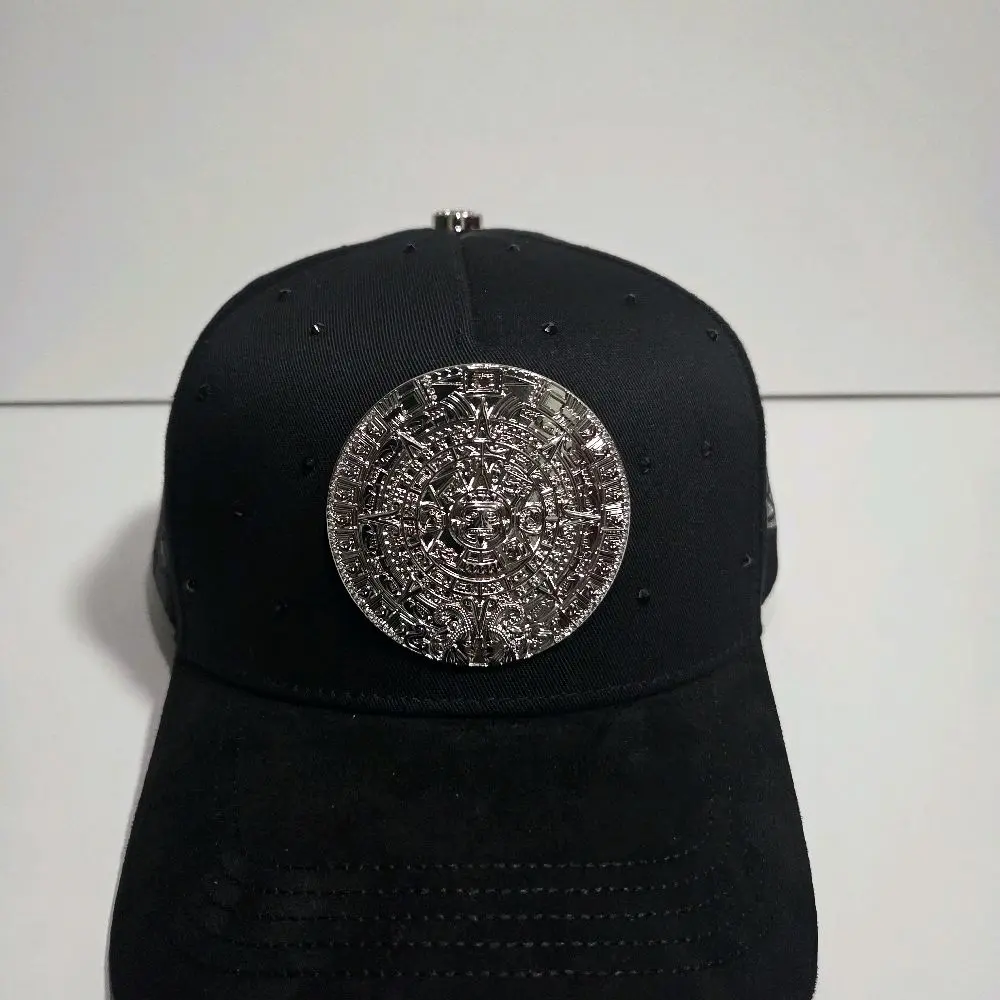 Azteca Black Suede Baseball Cap with Silver Aztec Calendar Emblem for Men Women