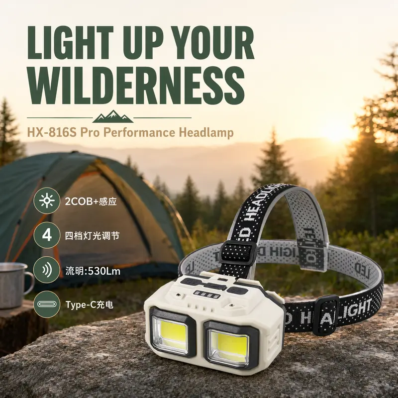 HX-816S Rechargeable 1200mAh High-Lumen LED Flashlight Headlamps 4-Pack - Lightweight, Portable, Collapsible, Motion Sensor, Hands-Free Lighting, Batteries Included for Camping, Emergency Use