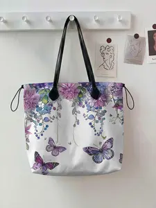 Floral Butterfly Pattern Drawstring Tote Bag, Large Capacity Shopping Bag, Durable All Season Casual Style, Handheld Bag, Perfect for Work, Shopping, Picnic, Casual Commuter Bag, Everyday Bags