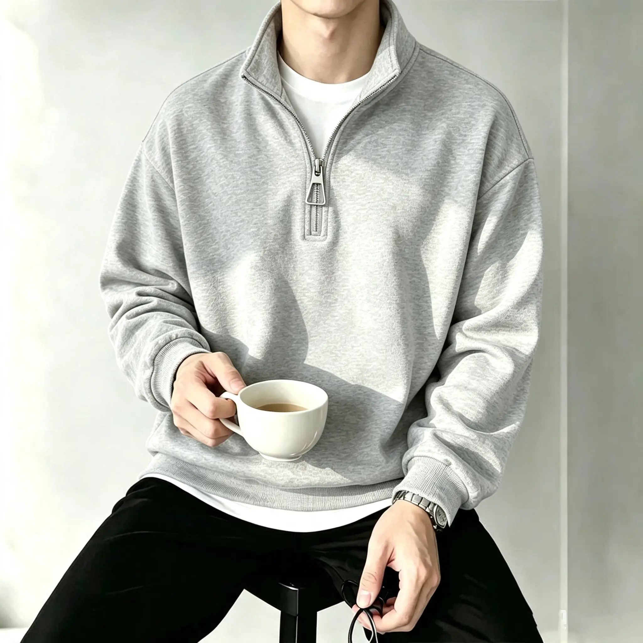 Men's Gray Half-Zip Sweatshirt with Zipper Closure and Long Sleeves for Casual Wear fall clothes