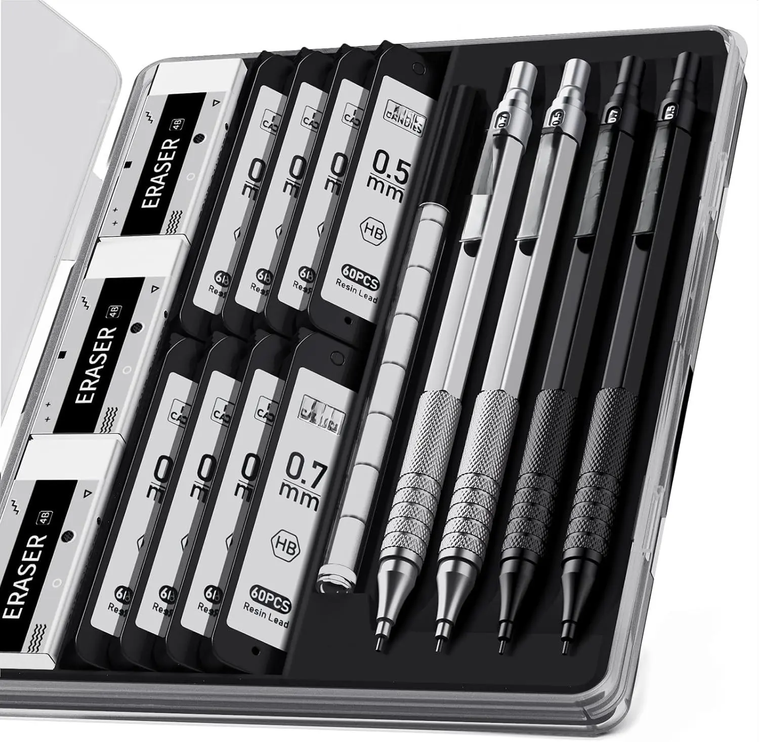 4 count Metal Mechanical Pencils Set with Case, 0.5mm & 0.7 mm Artist Pencil with 8 Tubes (480PCS) HB Lead Refills, 3 Erasers,9 Eraser Refills For Writing Drafting, Drawing, Black&