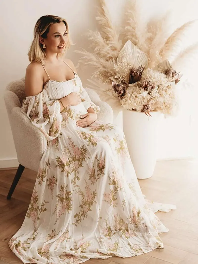 Women's White Floral Cut-Out Off-Shoulder Backless Cami Big Swing Elegant Maternity Maxi Dress - Pregnancy Clothes for Baby Shower, Maternity Shoot, Maternity Dress
