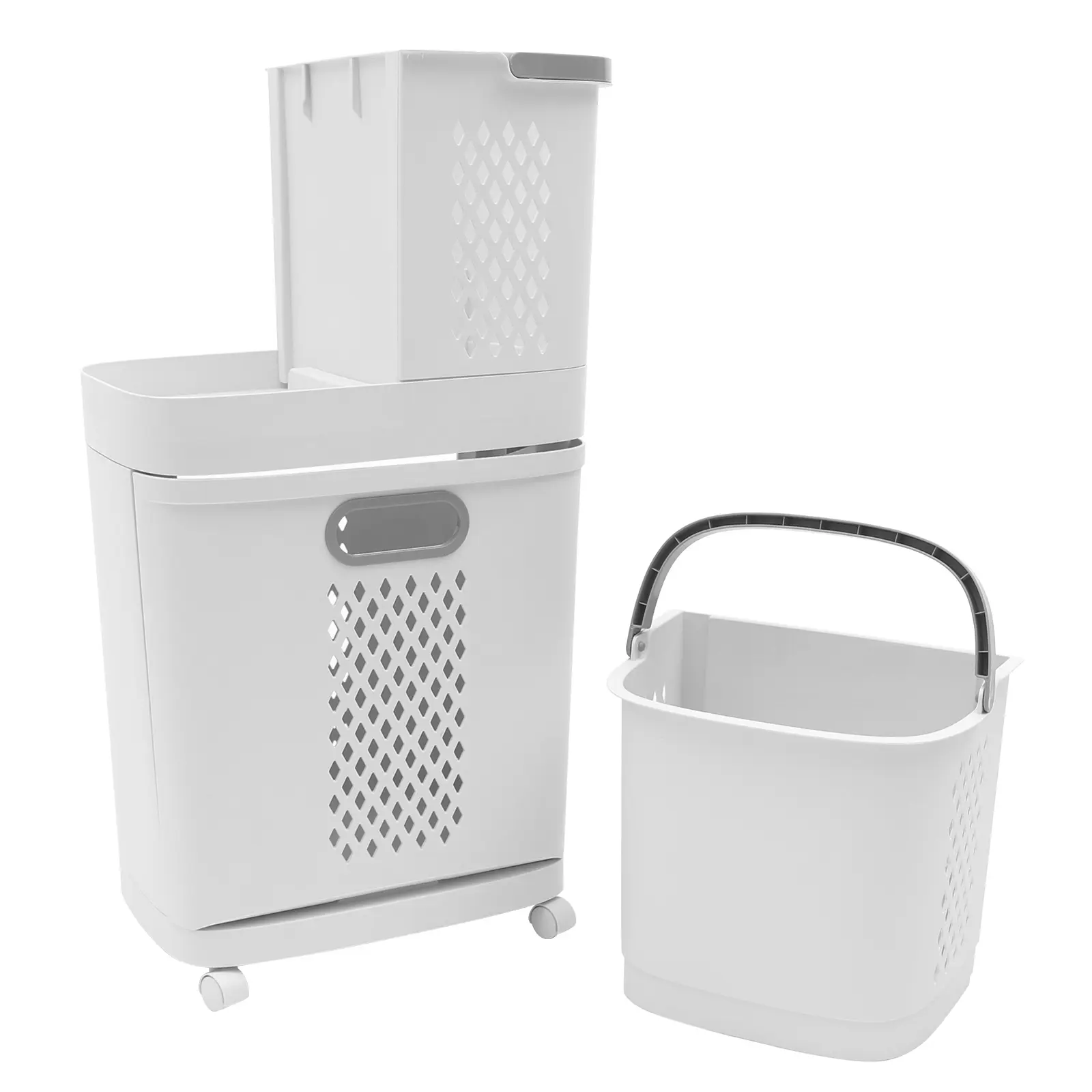 Grey & White Antibacterial PP Plastic Modern Durable 3-Basket Rolling Laundry Sorter, 4 Universal Wheels, Freestanding Storage for Laundry Room, Bathroom, 1* 2-Layer Laundry Basket