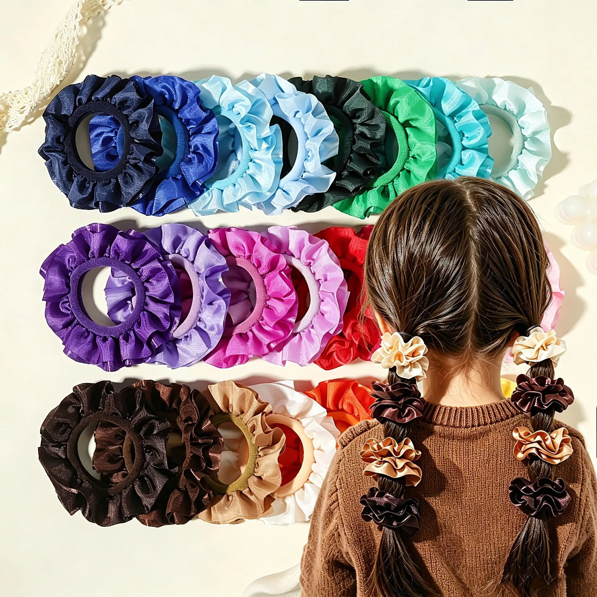 16Pcs Hand Sewn Frilly Skirt Edge Satin Hair Scrunchies for Little Girls 8 Colors 2Pcs Each Color Soft Elastic Ponytail Hair Ties Toddler Daily Hair Accessories Birthday Gift