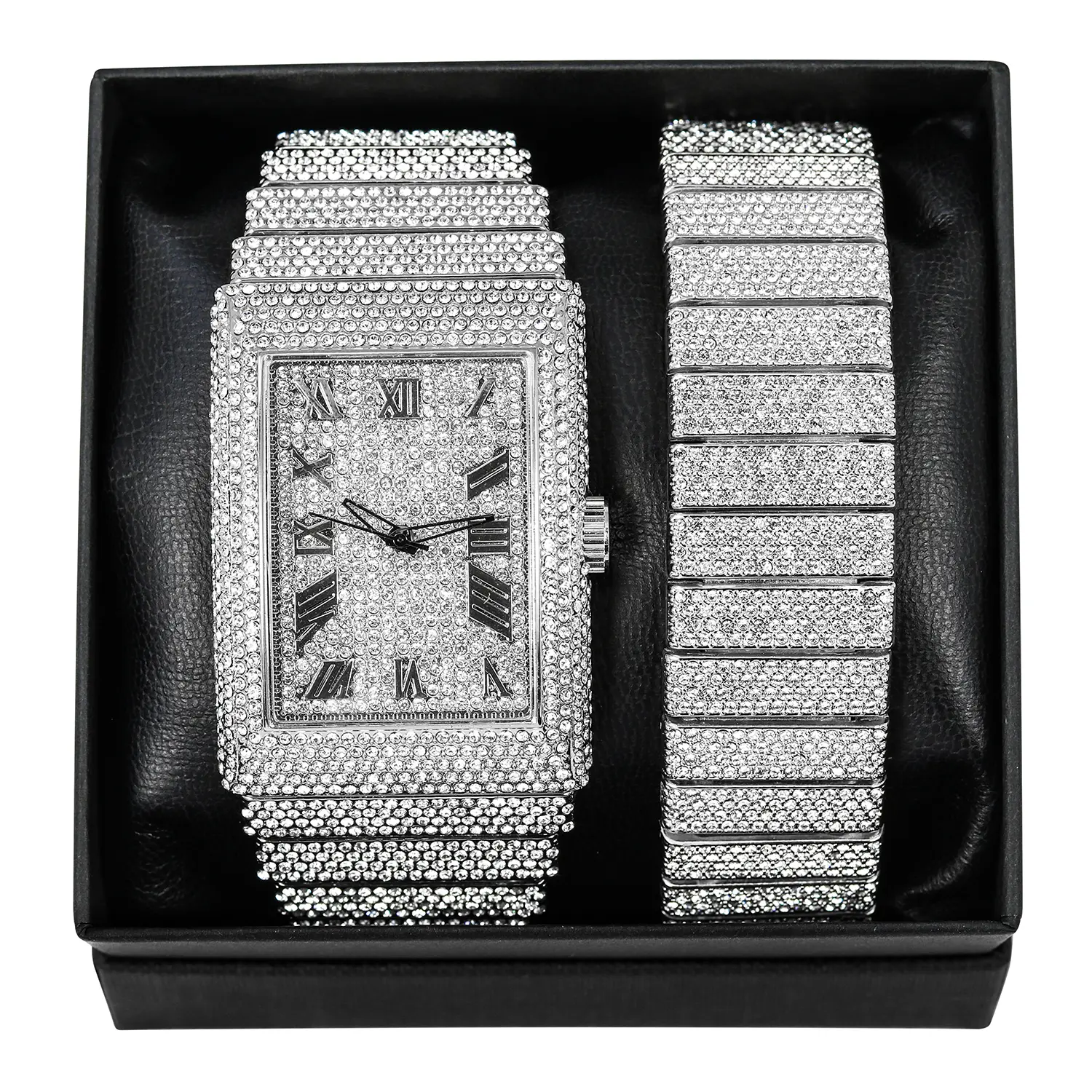 MaxBling81 Men's Hip Hop Iced Out Gift Set, Square Silver-Finished Quartz Analog Watch with Matching Lab Diamond Bracelet