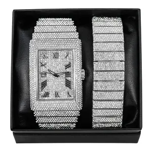 Men's Silver Finished Watch Wristwatch Gift Set Square Luxury Chandelier Hip Hop Style Full Iced & Bracelet Luxury Casual Analog