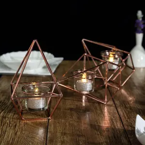 Set of Metal Candle Holders 16" Linked Geometric Design Rose Gold - Stylish Centerpieces with Votive Glass for Weddings & Events