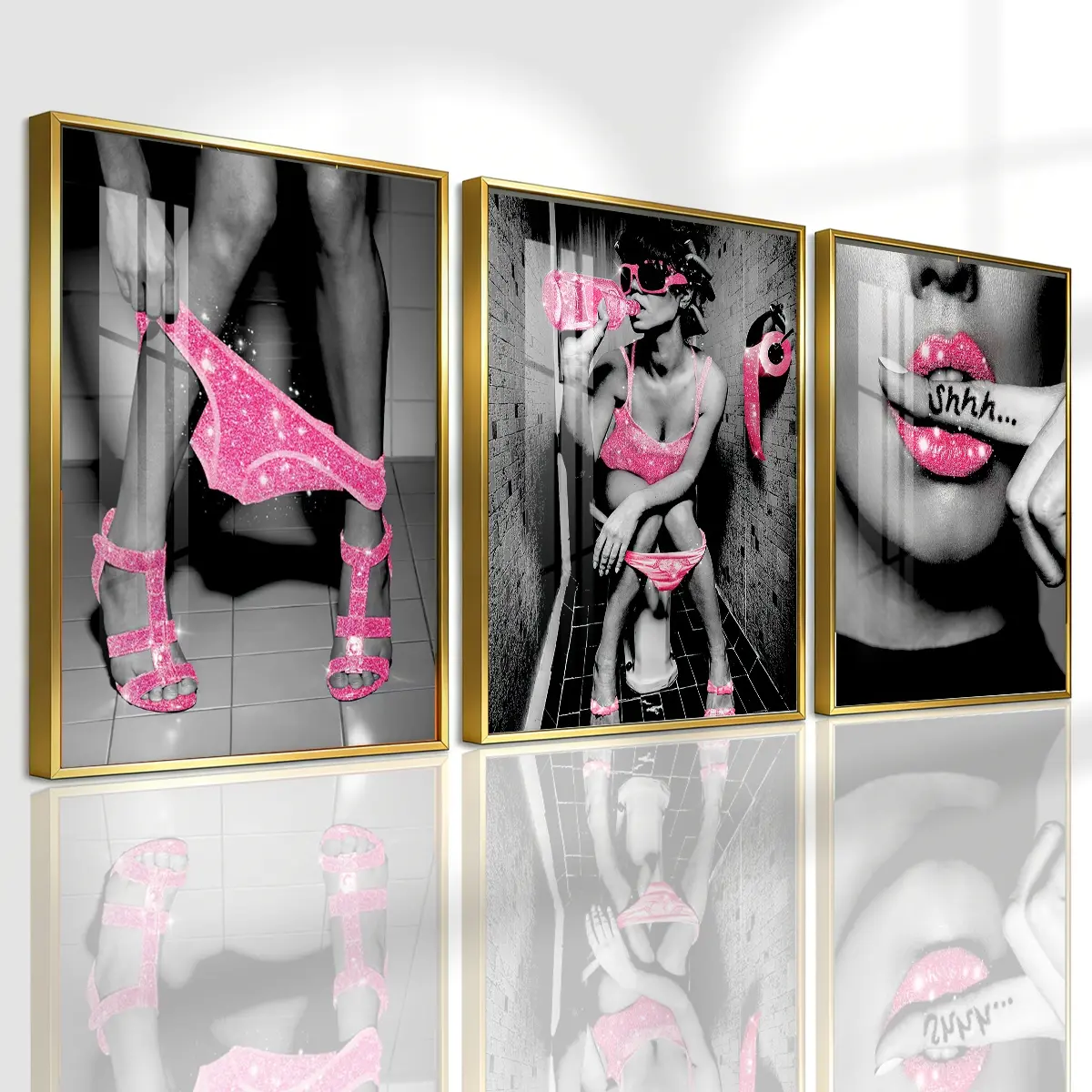 3 Counts Aluminum Alloy Framed Painting, Pink Glitter Pop Art Woman Pictures, Home Decoration For Living Room, Bedroom, Office, Restaurant, Hallway Wall Decor, Odorless Print Artwork, Luxury Perfect Gift For Friends And Family