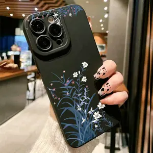1pc black matte phone case with floral illustrations of plants and green leaves, suitable for iPhone 17/17Pro/17Air/17ProMax/16/16Pro/16Plus/16ProMax/15/15Pro/15Plus/15 ProMax/14/14Plus/14Pro/14ProMax