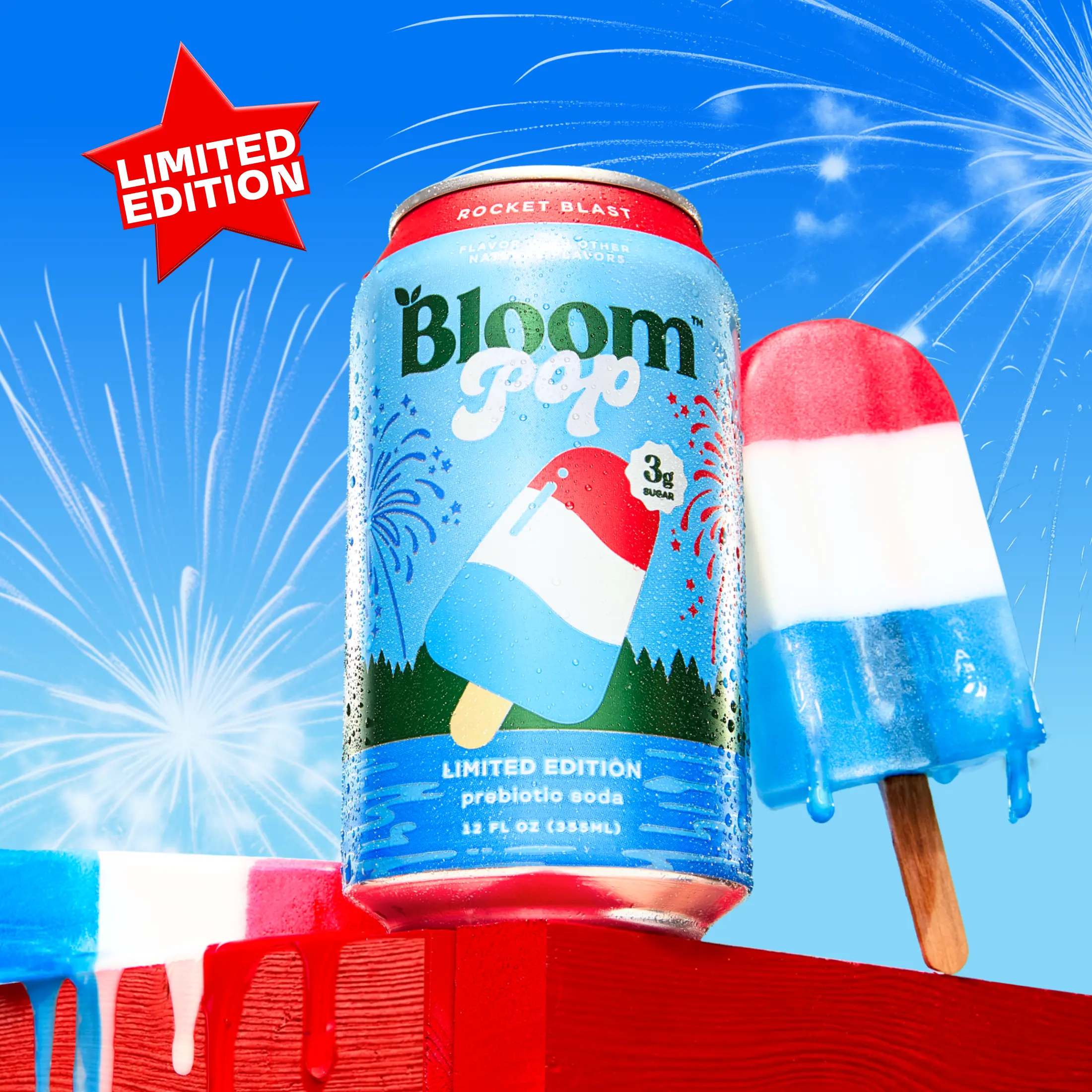 Rocket Blast - Bloom Pop - Limited Time Flavor - Prebiotic Soda 12 Pack, 12oz Cans - Prebiotic Soda for Gut Health, Low Calorie Soda, No Caffeine, Healthy Soft Drink Alternative Beverage