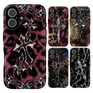Chrome Cross Y2K Leopard Phone Case - Grunge Aesthetic Cheetah Print for iPhone 17 16 15 14 13 12 11 Pro Max - Gothic Punk Animal Print Shockproof Cover