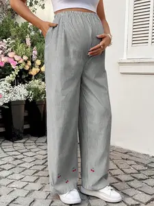 VYNCE Adjustable Waist Striped Wide Leg Maternity Pants Loose Fit Cropped Straight Leg Casual Beach Trousers for Pregnant Women