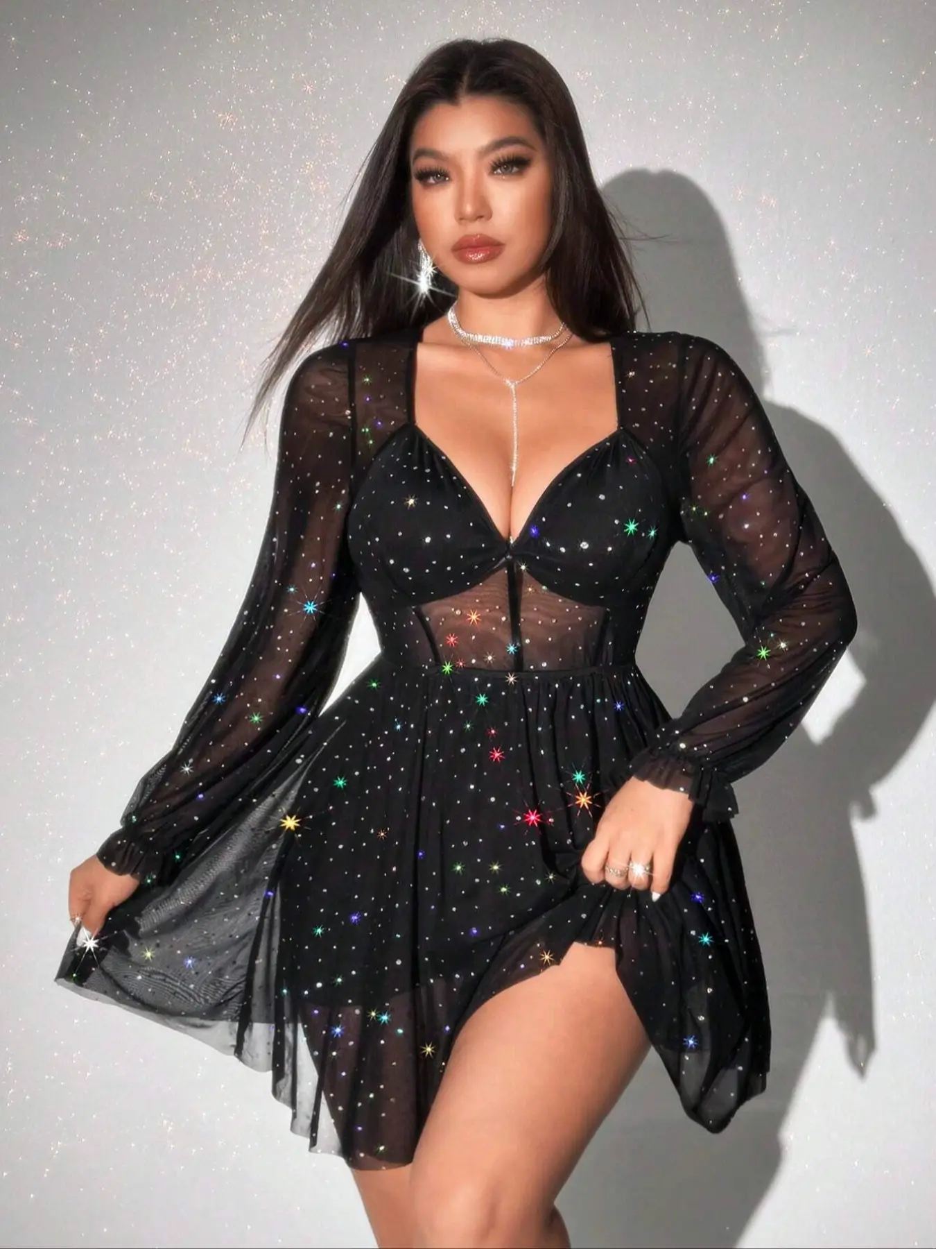 long sleeve embellished a-line mini dress in black - TikTok Shop
