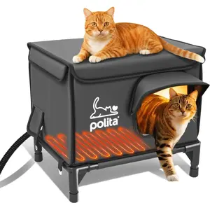 Rugged Heated Cat House for Outdoor Cats in Winter, Extremely Insulated & 100% Weatherproof, Elevated Feral Cat Shelter with Waterproof Eaves & Safe Escape Door for Stray & Barn Cats​​