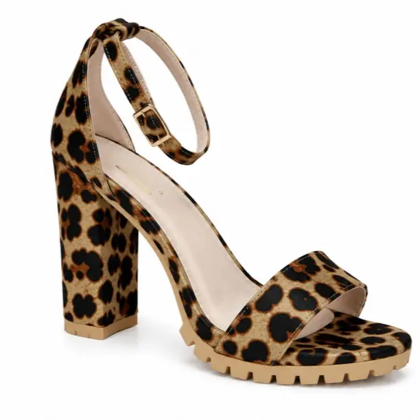 Women's Leopard Print Block Heel Sandals – Open Toe Ankle Strap Chunky Heels