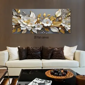 2D Flat, 1 Piece. Luxury modern minimalist three-dimensional relief effect, golden and white floral pearl decorative painting. Suitable for living room entrance, bedroom sofa background wall, dining room corridor. Canvas wall hanging. Home soft decoration