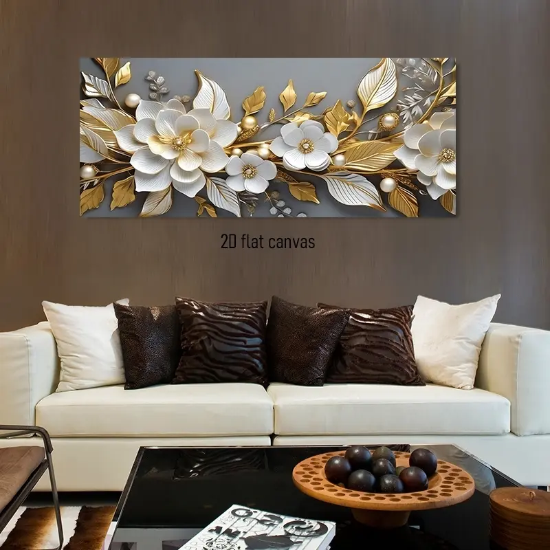 2D Flat, 1 Piece, modern minimalist three-dimensional relief effect, golden and white floral pearl decorative painting, Suitable for living room, bedroom, Canvas wall hanging, Decorative Wall Art, Artwork For Walls