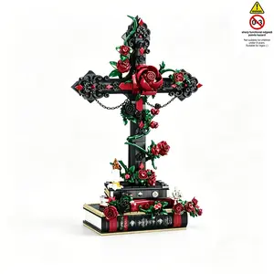 Gothic Rose Cross Building Blocks Set - 1349PCS Dark Romantic Art Model with Exquisite Gift Box, Ideal for Halloween & Adult Gifting