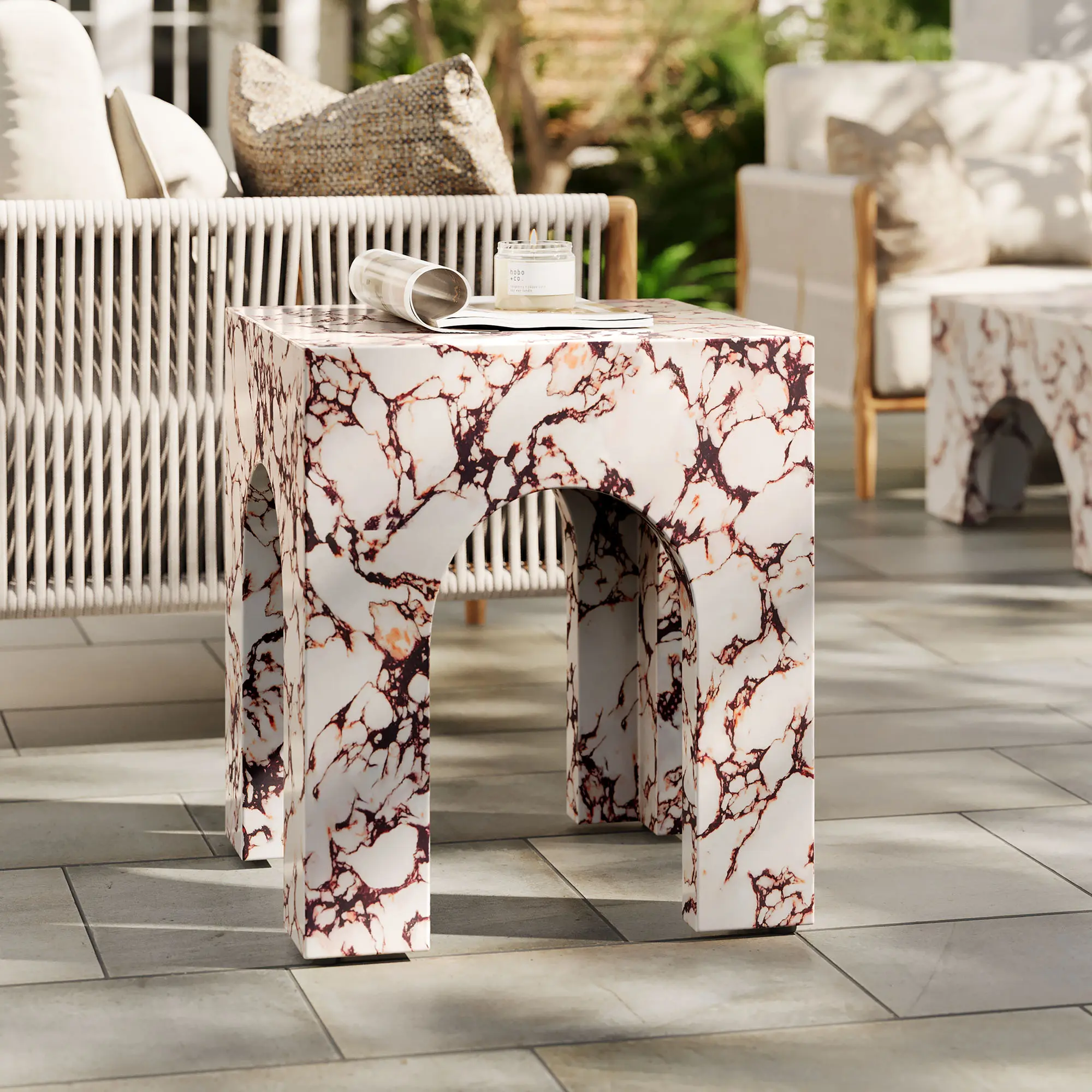 Valen Square Indoor - Outdoor Patio Arched Concrete Side Table in Red Marble