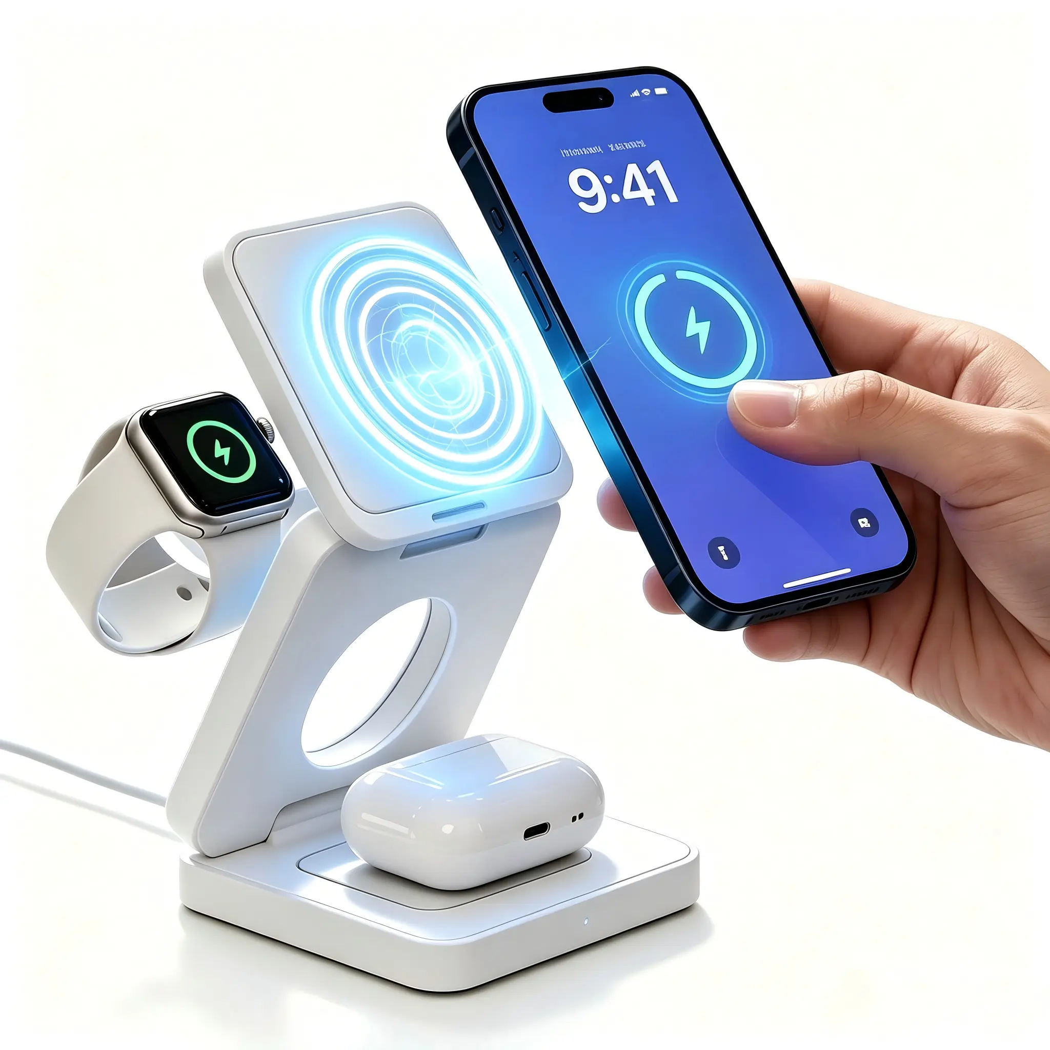 3 in 1 Wireless Charging Station with Magnetic Phone Stand, Foldable MagSafe Charger Dock for iPhone 17/16/15/14/13/12, Apple Watch & AirPods, Portable Fast Charging Stand for Home Office Travel