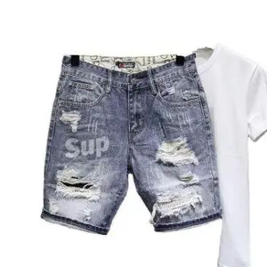 Men's Ripped Denim Shorts for Summer - Personality print versatile cropped pants in cotton fabric, casual street style ee blue Korean Loose Original Streetwear DesignGift