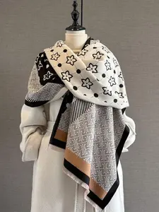 1pc Elegant Clover Jacquard Design Faux Cashmere Warm Scarf For Women, Suitable For Air-Conditioned Rooms, Fashion & Versatile Neck Warmer For Autumn/Winter For Dress, Soft Warm Shawl, Shawl Wrap