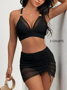 Three-piece Set Women's Solid Color Swim Bra & Panty & Swim Bottom & Ruched Cover Up Skirt Set, Sexy Swimwear Set for Beach Holiday Vacation, Ladies Swimsuit for All Seasons