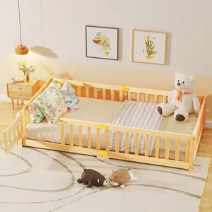 【mothersdaygift】Lilypelle Twin Size Toddler Floor Bed, Solid Wood Montessori Bed Frame with Fence & Door Montessori Floor Bed Crib with Safety Guardrails for Girls and Boys