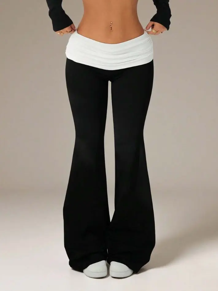 XLAIS PETITE Women's Casual Contrast Color Fold-Over Waist Flare Pants Black And White Pants Fold Over Pants Maternity Pants Flared Leggings Maternity Clothes ,Petite Women