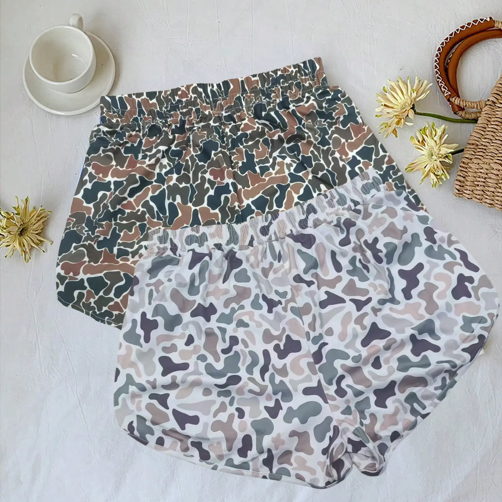 Camouflage print shorts, summer ladies daily wear bottoms, comfortable and breathable print shorts Fit Womenswear