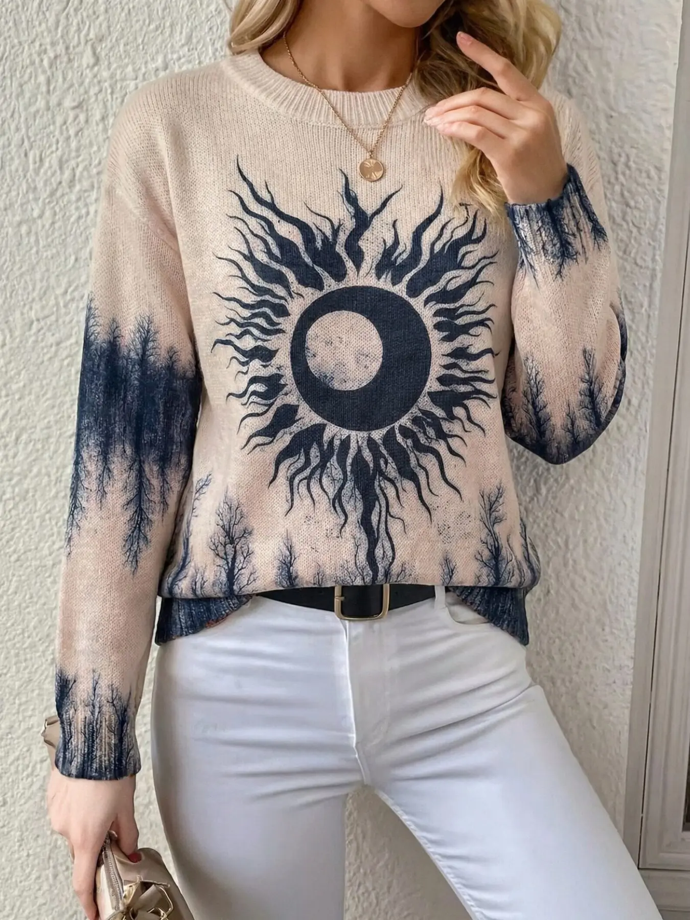 Elegant Women's Knit Sweater, Printed Effect, Colorblock Pullover, Fashionable Casual Wear, Long Sleeve Jumper, All-Season Clothing