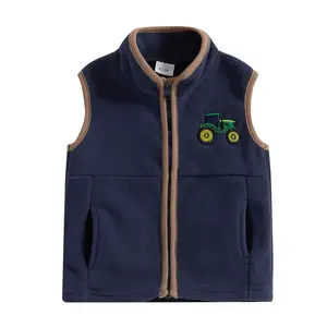 Toddler Baby Boys Casual Vest Coat Sleeveless Stand Collar Zip Up Tractor Embroidery Fleece Vest Jacket Fall Winter Clothes