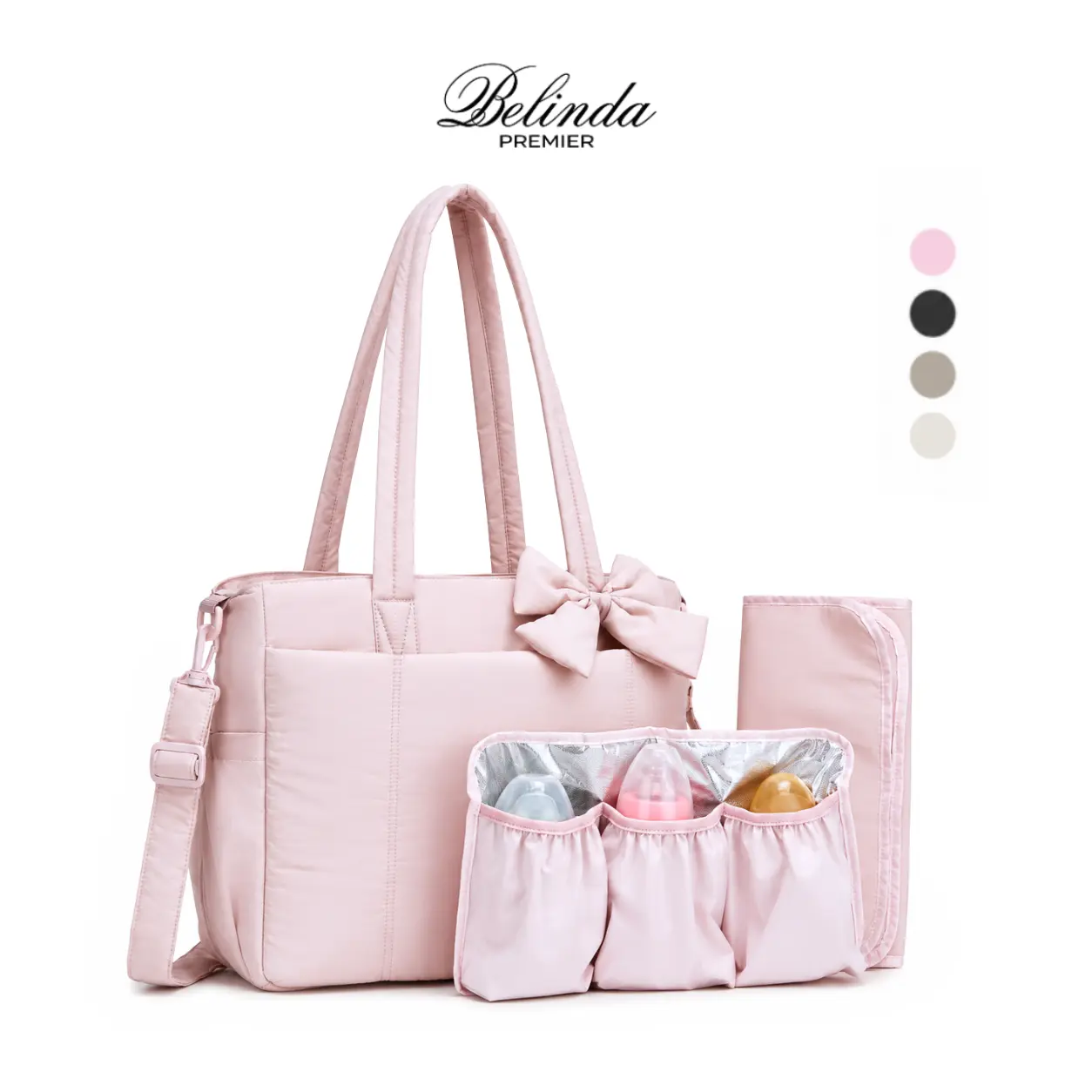 BELINDA Plain Crush Bow Design Diaper Bag Tote - Waterproof Puffer Travel Tote, Slip-On Diaper Bag with Changing Station & Pad, for New Parents & Babies 0-14M, Change on the Go