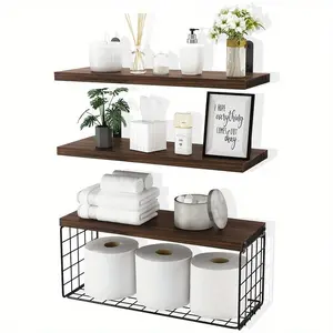 Wooden Bathroom Shelves, 3 Counts/set Decorative Wall Mounted Storage Rack, Bathroom Interior Storage Organizer, Home Organizer, Floating Shelves, Wall Mount Design, Interior, Bathroom Accessories, Maximize Storage