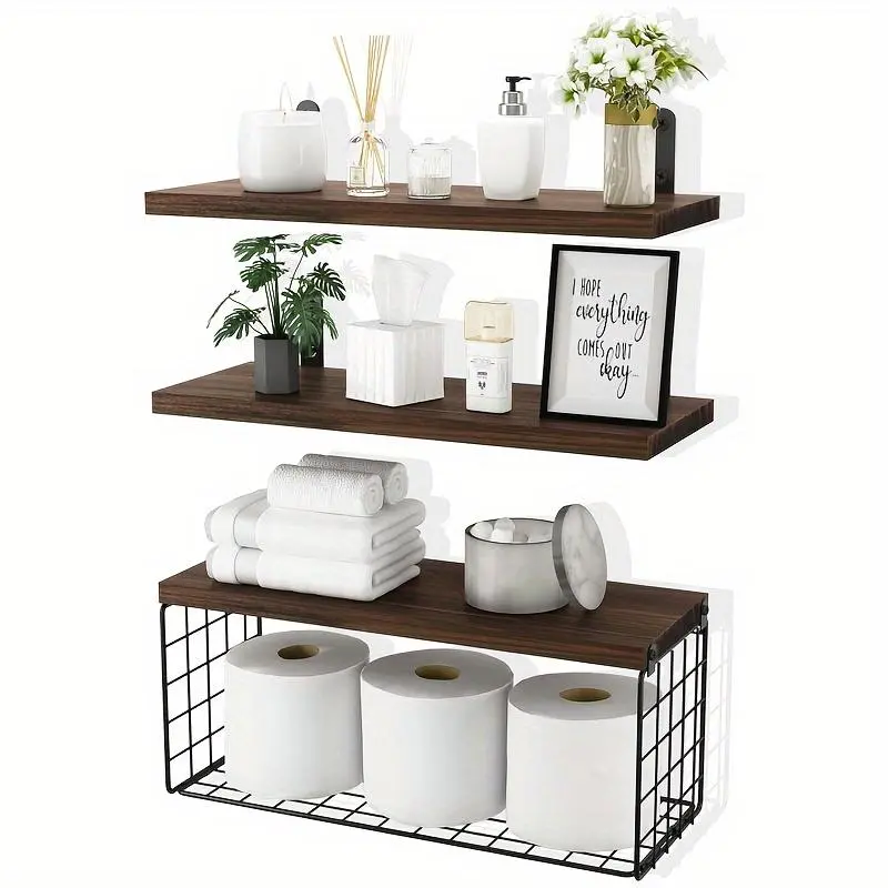 Wooden Bathroom Shelves, Wooden Shelf For Wall, 3 Counts/set Wall Mounted Storage Rack, Bathroom Interior Storage Organizer, Home Organizer, Floating Shelves, Wall Mount Design, Interior, Maximize Storage