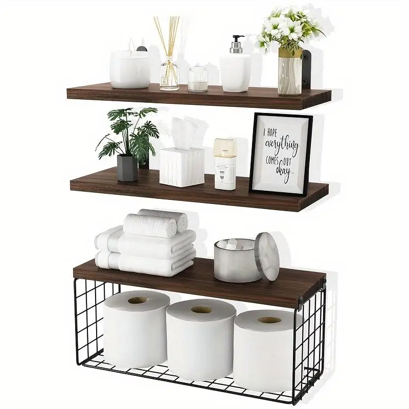 Wooden Bathroom Shelves, 3 Counts/set Decorative Wall Mounted Storage Rack, Bathroom Interior Storage Organizer, Home Organizer, Floating Shelves, Int
