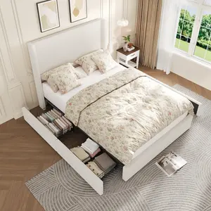 Modern Upholstered Platform Bed Frame with Storage Drawers - Corduroy Tufted Wingback Headboard & Footboard - Sturdy Wooden Slats, Noise Free, Easy Assembly, No Box Spring Needed - King Size, Beige
