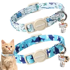 ARING PET 2 Pack Breakaway Cat Collars with Bell & Pendant, Adjustable Blue Whale & Dinosaur Pattern - Safety Kitten Collars for Girl Boy Cats