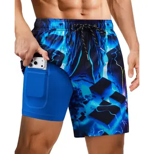 7inch Mens Swim Trunks: with Compression Liner Zipper Pocket Drawstring Quick Dry Stretch Lined 3D FunnyBeach Pool