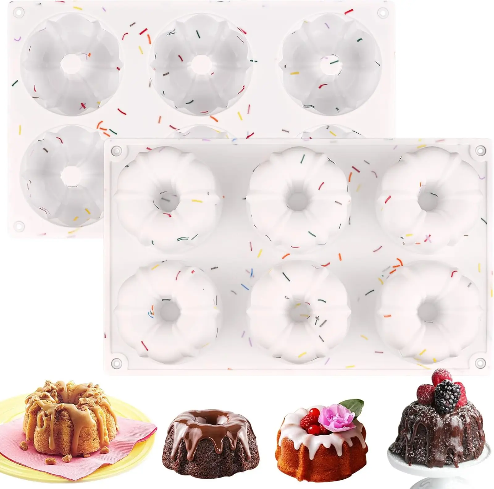 Silicone Baking Molds - 2 Pcs Nonstick Cupcake Pans, Mini Size Anti-Adhesive 6-Cavity Fluted Tube Pans for Baked Donuts, Cake Mold Muffin Tins & Moulds Set