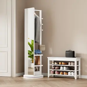 Large Size 66'x14' Fully Rotates Wooden Full-Length Mirror, 360° Rotating Multifunctional Floor Mirror with Hook Storage Rack, Coat Rack, Modern Space-Saving Home Decor, Room Decor for Bedroom, Living Room