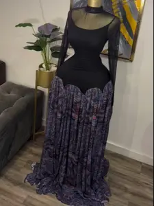 QFAF Women's Tie-Dye Print Patchwork A-Line Dress with Waistband, Slim Fit Bell Sleeve Long Dress, Perfect for Education, Vacation, Parties