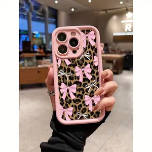 Pink bow on leopard print Case for iPhone 17 Pro Max 16 16e 15 14 Plus 13 12 Mini 11 Air XR X XS Pattern Soft TPU Rubber Camera Protection Rugged Mobile Phone Cover Gift Cellphone Protector