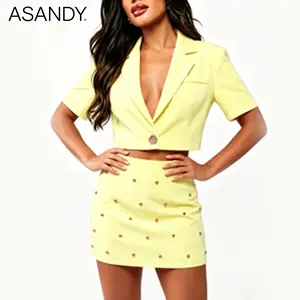 ASANDY Women’s Yellow Two-Piece Blazer Skirt Set – Short-Sleeve Cropped Blazer & Studded Mini Skirt, Sexy Club Outfit