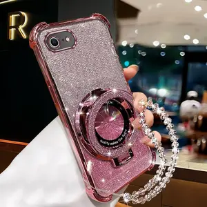 16E Glittery with Crystal Style Chain Phone Charms PC Fashion Strap Lanyard Phone Holder Case with Shockproof Cover Compatible with For iPhone 16e