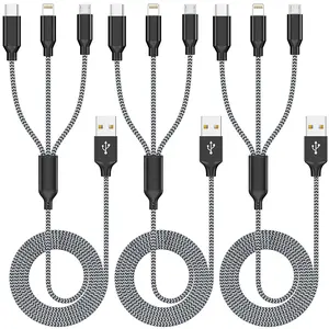 Multi Charging Cable 4ft 3Pack 3 in 1 Charger Cord, Multiple Rapid Nylon Braided Cable USB Charging Cable Multi Phone Charger Cord with Type C Micro Lightning USB Connectors for Cell Phones