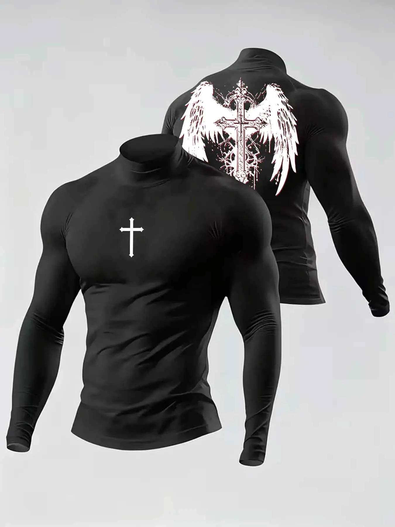 Men's Compression Mock Neck Long Sleeve Shirts Gothic Cross & Angel Wings Graphic Tee, Slim Fit Activewear Workout Tops, Fitness Apparel, Quick Dry Breathable Base Layer for Gym, Running, Streetwear, Black T-Shirt