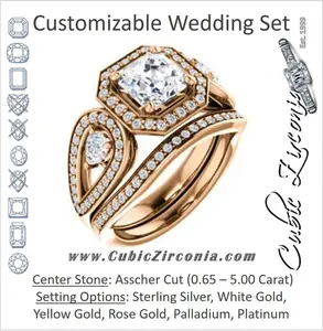 CZ Wedding Set, featuring The Luz Marie engagement ring (Customizable Halo-style Asscher Cut with Split-Pavé Band & Pear Accents)