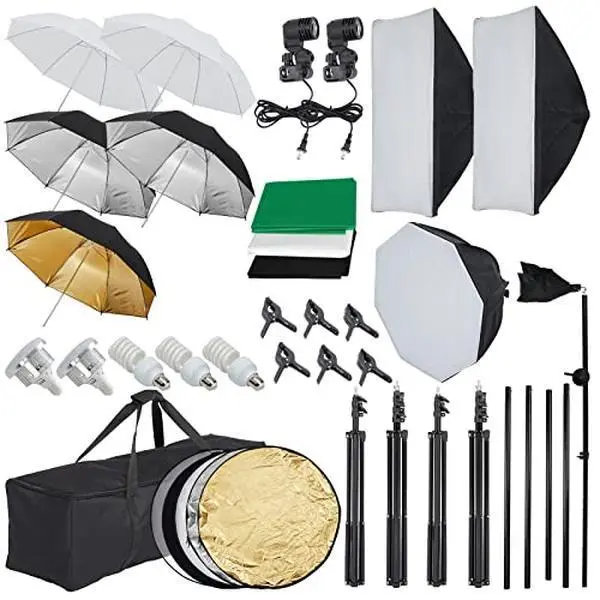 Garvee Adjustable Aluminum Alloy Photography Lighting Kit - 8.5x10ft Quick-Lock Backdrop Stand, 5 Tripod Stands, 100% Polyester Backdrops, Warm White Bulb, Umbrella Softbox, 1 24in-5in Reflector, 1 Carry Bag for Portrait Product Shoots, Soft Skin